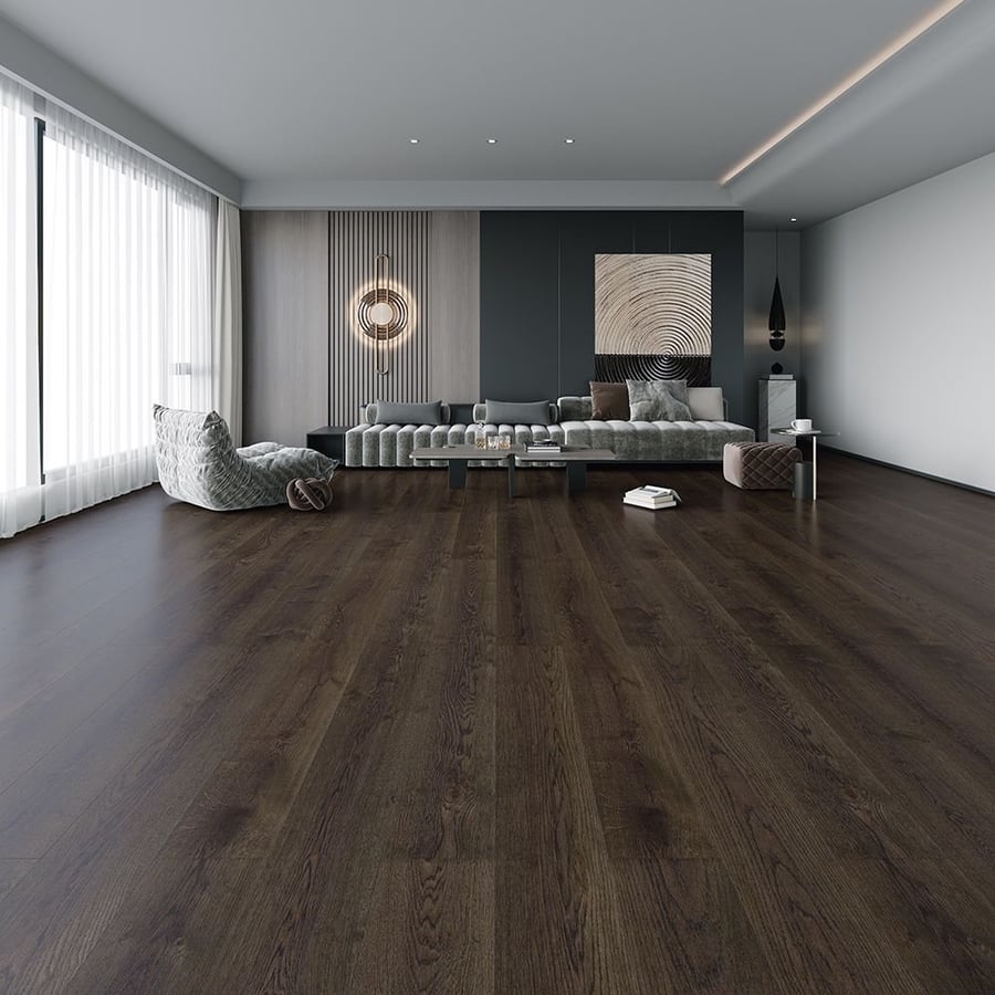 Contemporary living room with dark wideboard oak flooring