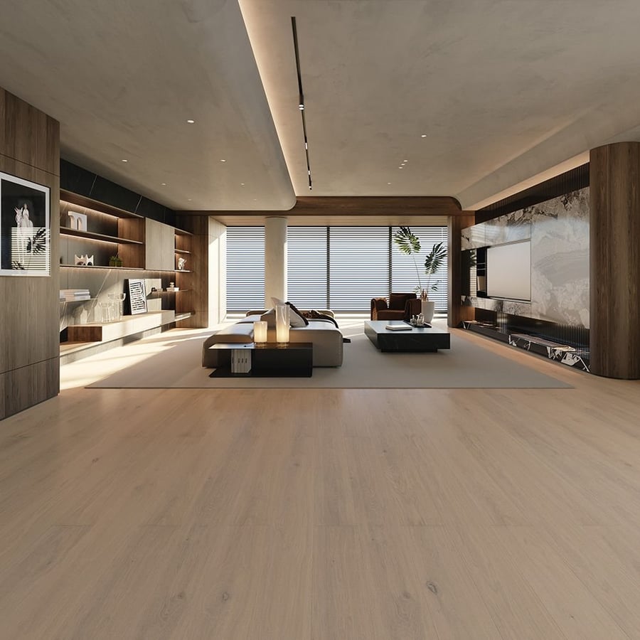 Spacious contemporary living area with pale natural-grade oak plank flooring