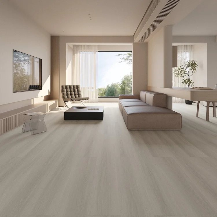 Minimal living room with pale timber-look hybrid flooring