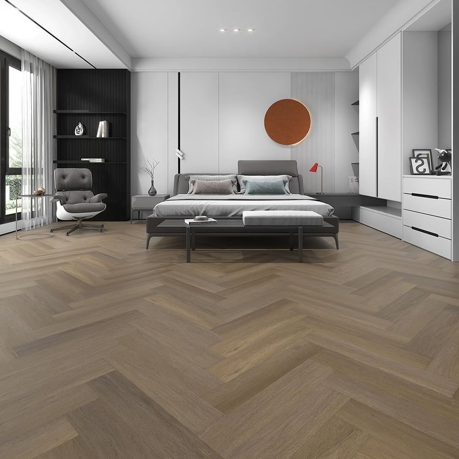 Contemporary bedroom with herringbone hybrid flooring