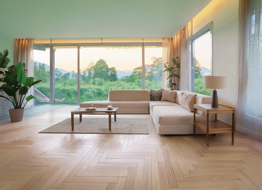 Light-filled living room with natural oak herringbone parquetry