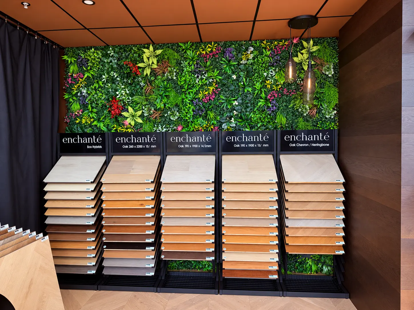 Flooring sample display wall in the Enchanté showroom
