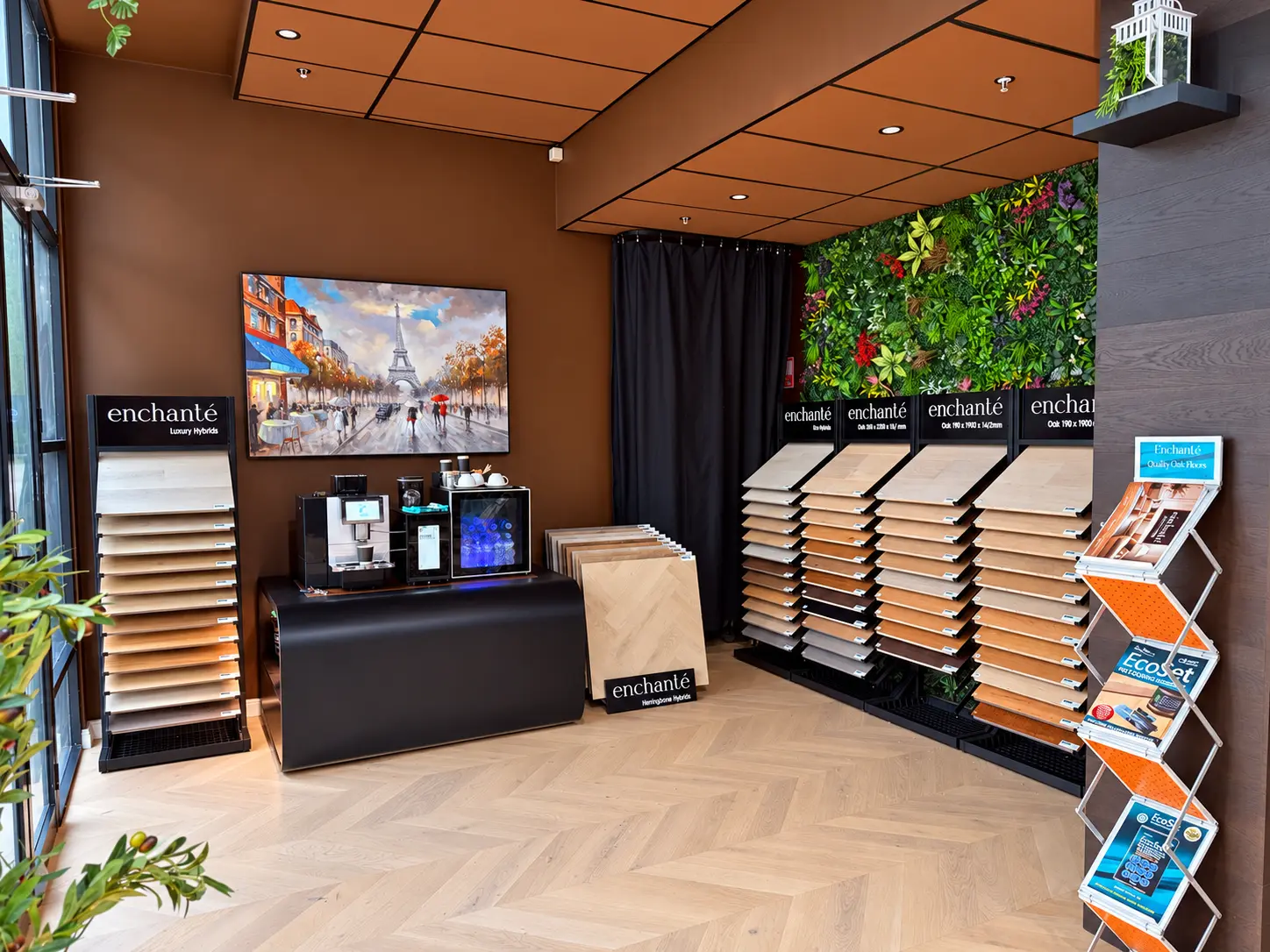 Showroom display area with flooring sample racks